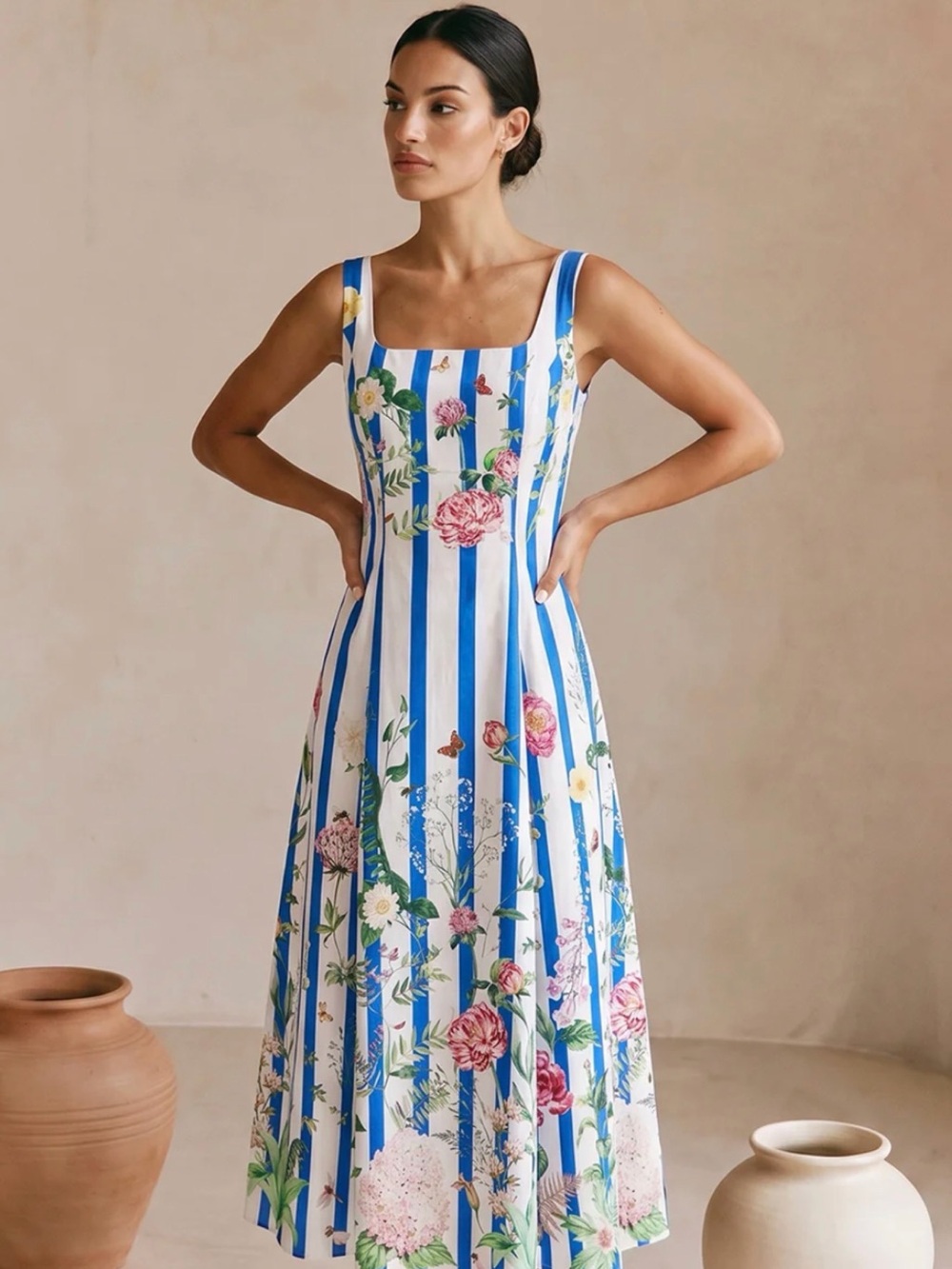 Commense Floral Print Striped Maxi Dress